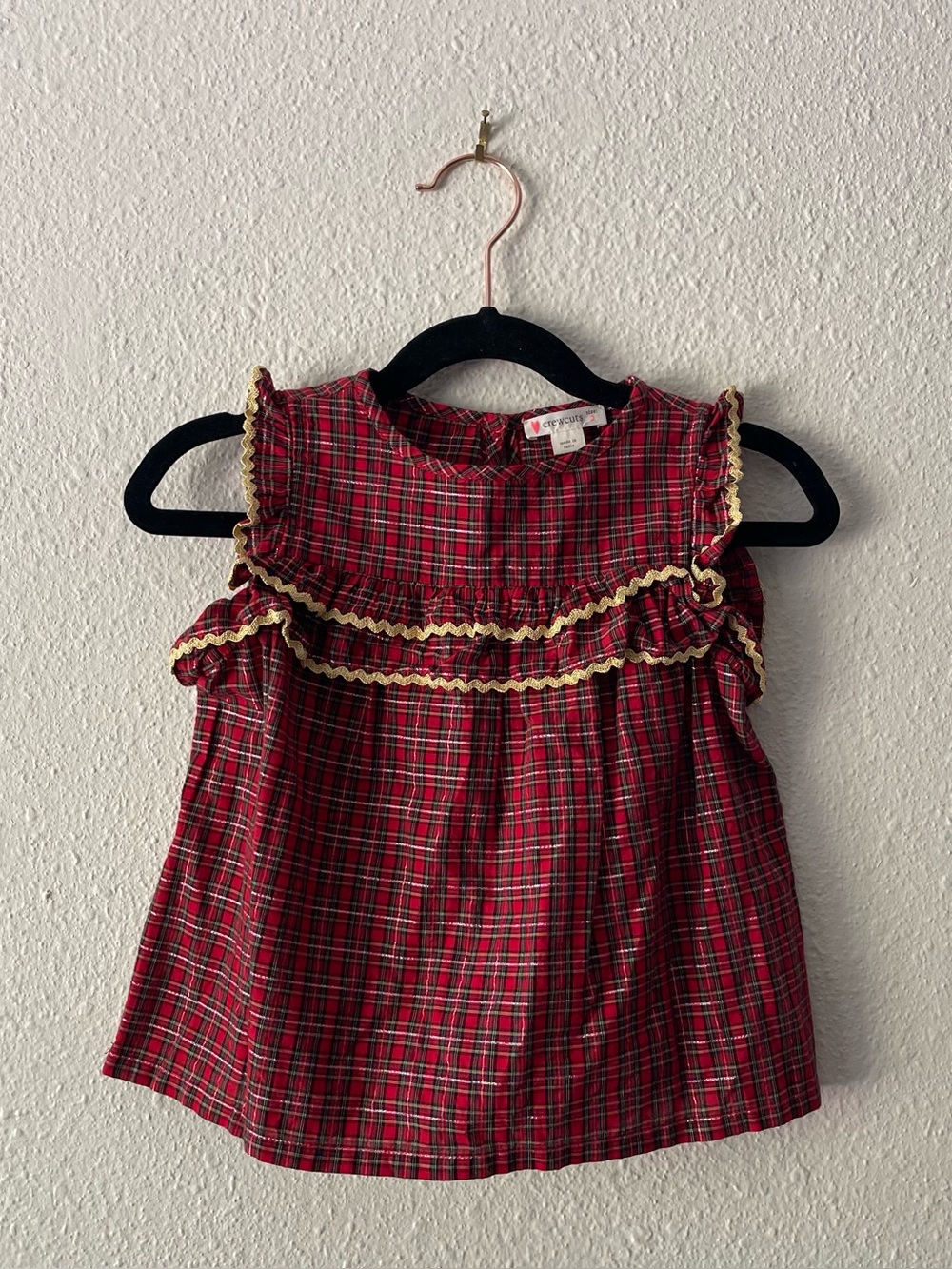 Crewcuts J Crew Girls Size 2 Red Tartan Plaid Ruffle Top Gold Holiday Christmas